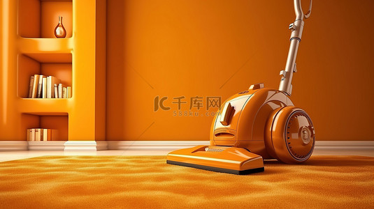 充满活力的橙色室内房间中金色单色真空机的 3D 图标
