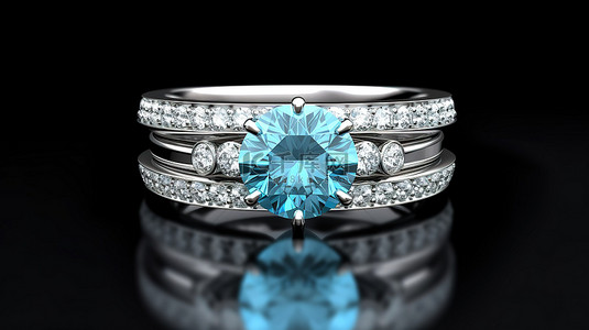 3D 渲染中的铂金正面海蓝宝石堆叠横幅订婚戒指