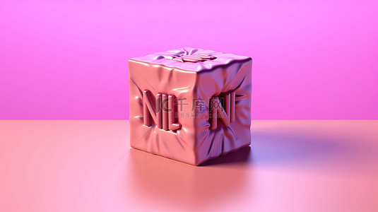 异想天开的 3D 渲染插图 nft 不可替代的令牌词俏皮地封装在粉红色背景下的立方体盒子中
