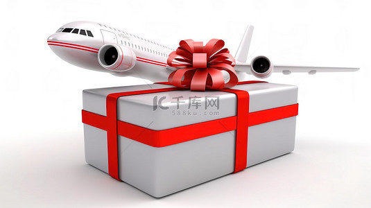 3D 渲染一架白色客机从带有红丝带和白色背景蝴蝶结的礼品盒中出现