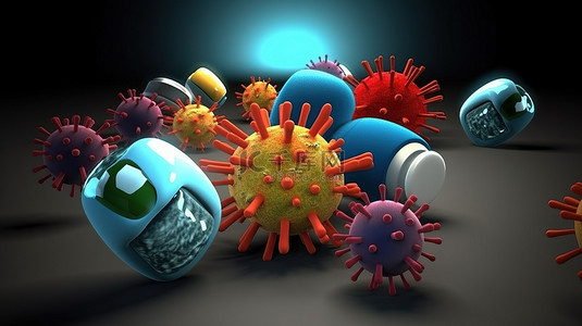 免疫系统背景图片_一群病毒和微生物中的 3D 药丸图标