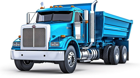 一辆白色背景的美国卡车的 3D 插图，带有拖车倾卸装置，用于高效散装货物运输