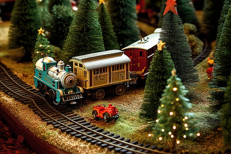火车轨道背景图片_圣诞装饰品和由一组火车轨道制成的汽车位于一些小松树中间