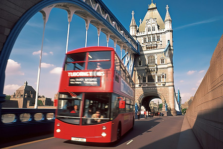 英国伦敦背景图片_双层巴士经过伦敦塔桥