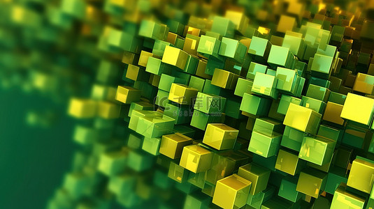 绿色和黄色飞行马特立方体的 3D 渲染背景，用于科技公司的数据保护概念
