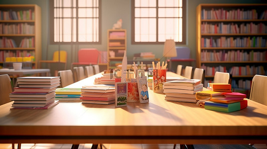 准备饭菜背景图片_校园 3D 渲染中桌子上的教室准备好的书籍和桌椅