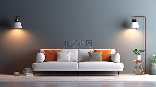 客厅墙壁模型的 3D 插图，配有白色沙发枕头和宁静的橄榄色背景上的灯
