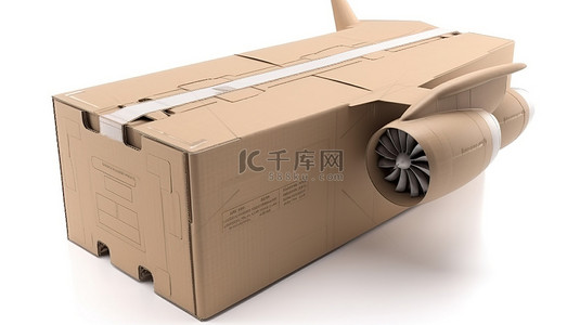 航空物流背景图片_喷气推进航空邮件递送概念 3D 渲染带有飞机机翼的纸板箱包裹