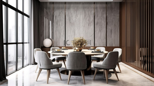 优雅的用餐空间，采用灰色色调的木质和大理石装饰，采用 3D 呈现的现代奢华风格