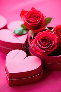 红玫瑰背景图片_红色心形盒子，里面有粉红玫瑰
