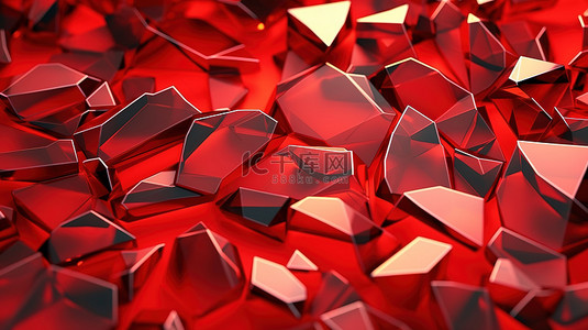 抽象红色背景与锋利的玻璃碎片 3d 渲染