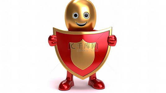 带有红色金属盾的拟人化金色奖杯吉祥物的 3D 渲染，可在白色背景上提供终极保护