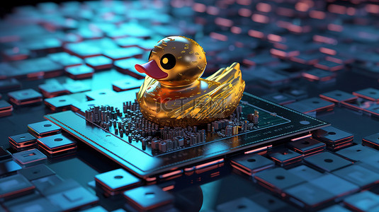 区块链技术 CPU 电路板上象征 NFT 艺术品的橡皮鸭 3D 插图
