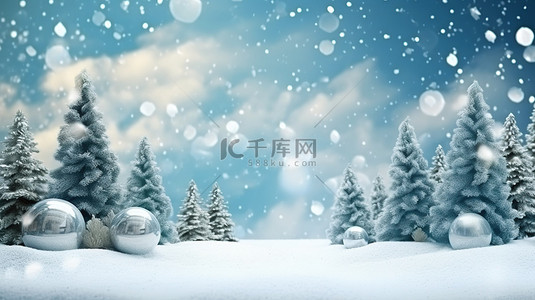 3d 渲染冬季仙境与松树和雪节日圣诞节背景
