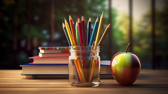 回到学校必需品铅笔试管和书籍堆放在 3d 木桌上