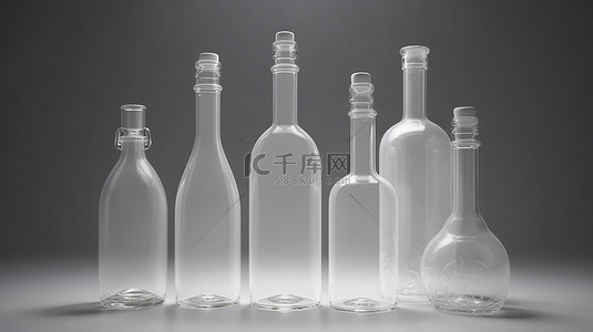 3D 渲染中的一排空标签免费透明玻璃瓶