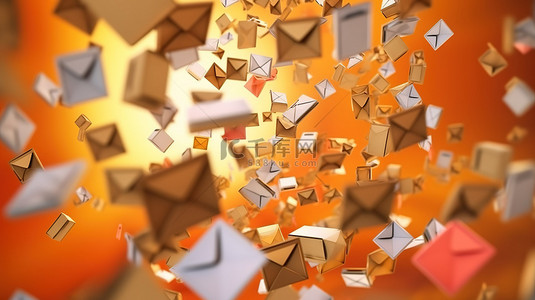 快速飞行的信封将消息发送到电子邮件 3D 渲染插图