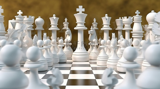 国际象棋王棋子背景图片_3D 插图描绘了高耸于白色棋子海洋之上的国际象棋国王