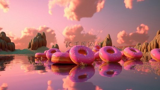 漂浮在粉红色 3d 天空中的卡通甜甜圈
