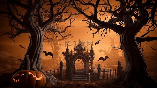 怪异的万圣节场景闹鬼的城堡杰克灯笼和怪异的树木在 3D 渲染