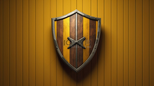 黄金风铃木背景图片_中世纪盾牌，带有木条纹，充满活力的黄色 3D 渲染插图