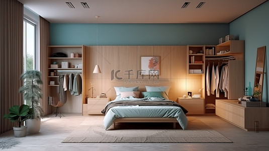 带衣柜和写字台的卧室的 3D 插图为您的室内设计提供灵感