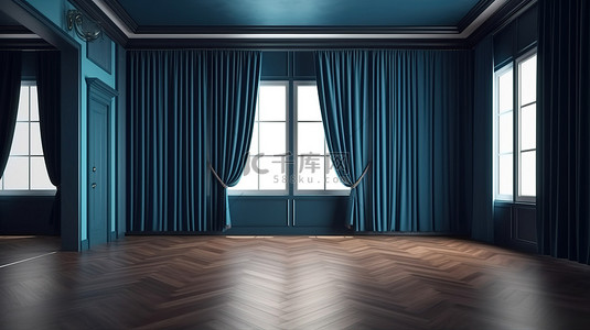 蓝色剧院和电影院幕布，铺有镶木地板，由 sedat seven 进行 3d 渲染