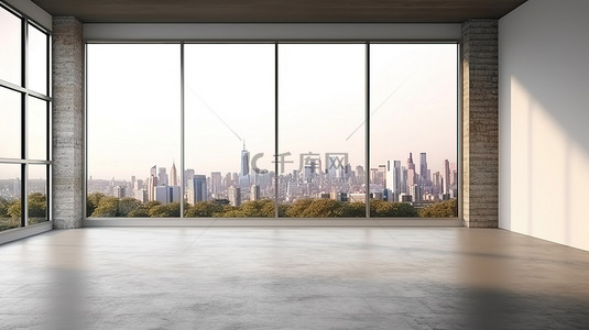 通过前面的空旷空间的大窗户看到的城市景观，带有光滑的反光混凝土地板 3D 渲染模型