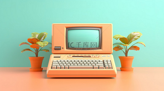 前视图中带有彩色键盘的老式计算机模型的 3D 渲染