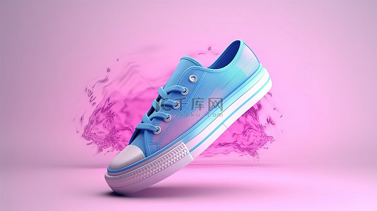 单色背景上蓝色和粉色运动鞋的高级 3D 渲染