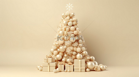 一棵奶油圣诞树和新年快乐的礼物 3D 渲染概念横幅