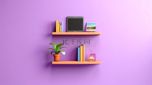 电脑紫色背景背景图片_垂直背景的 3D 插图，带有拿着手机的紫色墙架
