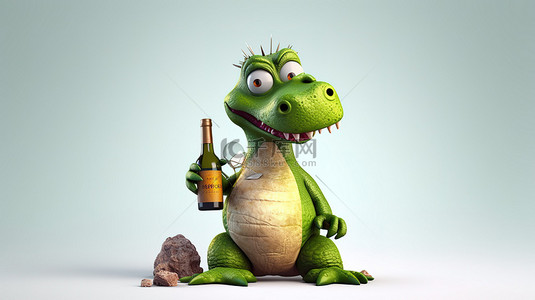 机智的恐龙人物抓着一瓶酒