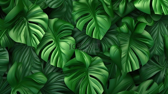 充满活力的绿色蔬菜背景上龟背竹叶的抽象 3D 插图