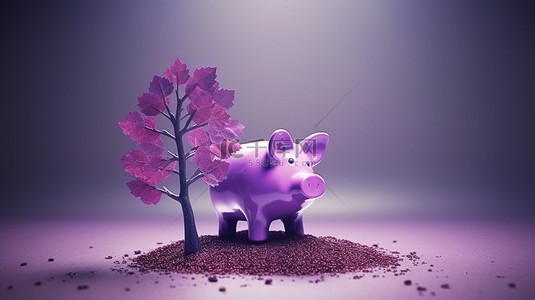 树电子商务背景图片_增加您的业务投资与紫色树和美元硬币的 3d 小猪
