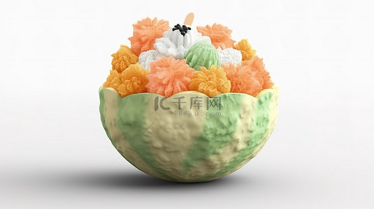 冷冻卡通背景图片_卡通风格 3d 渲染的刨冰 bingsu 在白色背景上隔离的绿色和橙色瓜味