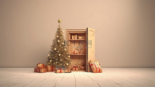 一棵圣诞树，上面有礼物，透过半开的门 3D 渲染