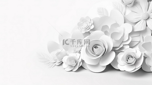 新娘捧花背景图片_3d 渲染白色背景与纸花的插图