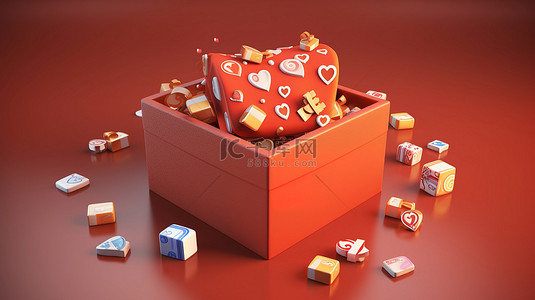 情感图背景图片_揭晓带有情感图标的社交媒体惊喜 3D 渲染礼品盒