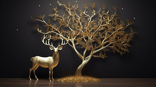 深色背景中的金色羽毛鹿和树 3D 墙壁艺术装饰