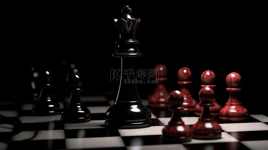 国际象棋棋盘力量游戏 3D 渲染的棋子和皇后在黑暗背景下的靶心上