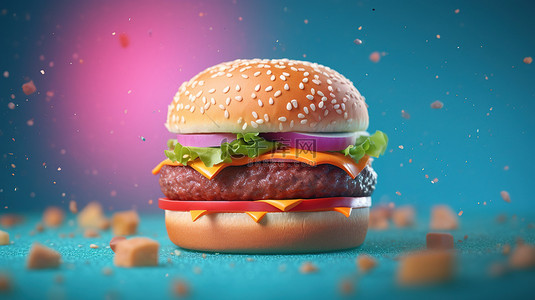 马苏里拉芝士碎背景图片_蓝色背景上粉红色芝士汉堡的简约 3D 渲染