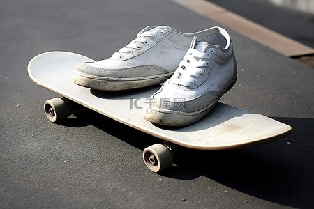 滑板板上的一双白鞋