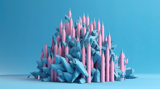 最小回到学校概念粉红色铅笔在蓝色背景上以 3D 渲染