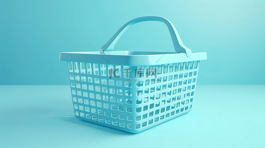 购物概念 3d 在柔和的蓝色柔和背景上呈现篮子