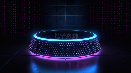 时尚的 3D 渲染背景 LED 圆形讲台，蓝色和粉红色，带有反光顶部和深色背景上的照明三角形风扇，非常适合演示