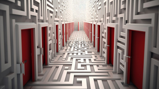 大挑战背景背景图片_带有白色空间 3D 渲染的打开和关闭门的迷宫