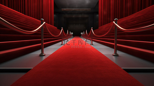 长红地毯尽头的楼梯，两侧是绳索屏障 3D 渲染图像