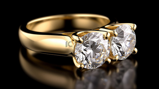 放置 3 颗宝石订婚戒指的黄金 3D 渲染