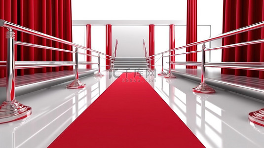 幕布红背景图片_vip 活动或名人派对的精美入口 3d 渲染，以白色背景上的红地毯和道路障碍为特色